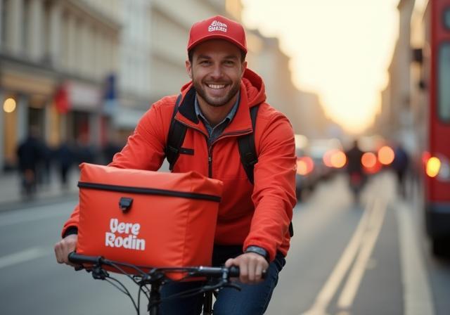 Smiling BritBite courier delivering food in central London by bike