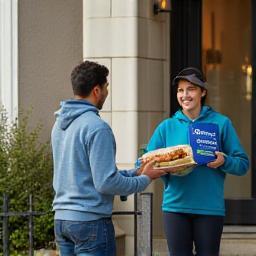 BritBite on-demand meal delivery - courier handing food to happy customer
